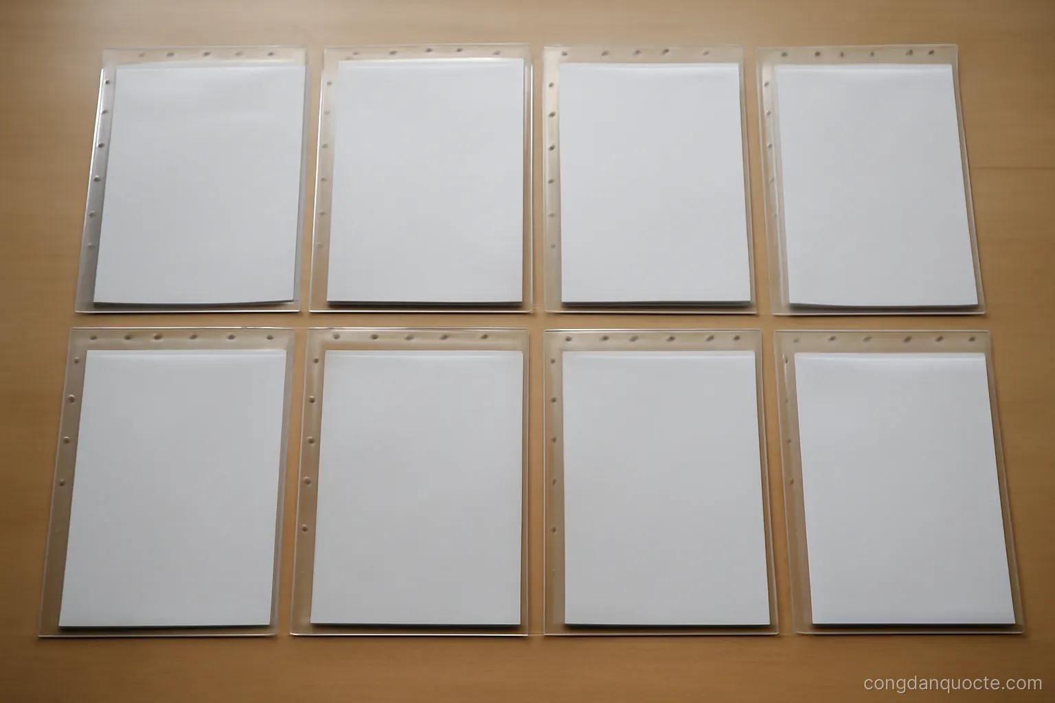 eight labelled document sleeves laid out in two rows on a table, each holding a few papers