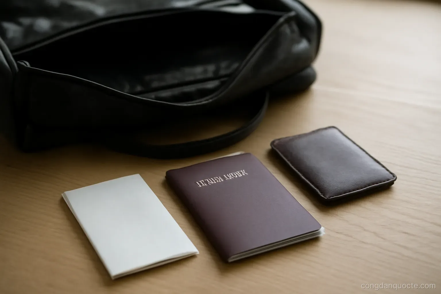 a passport, a folded document and a small card wallet laid beside an open travel bag