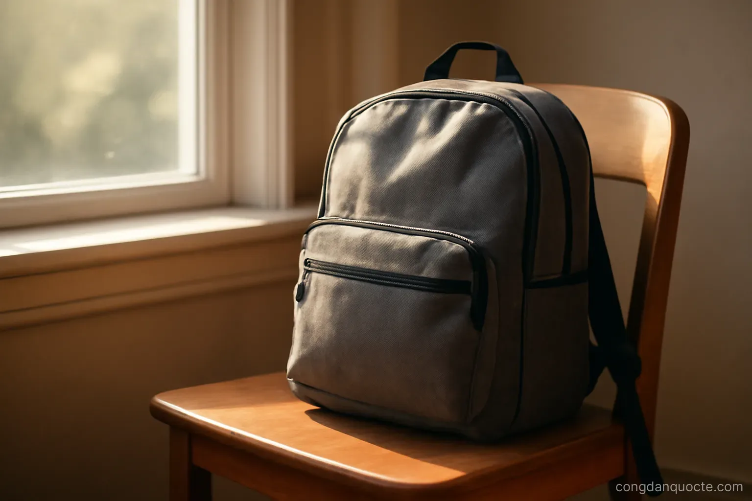 a school backpack on a chair beside a window with morning light coming in