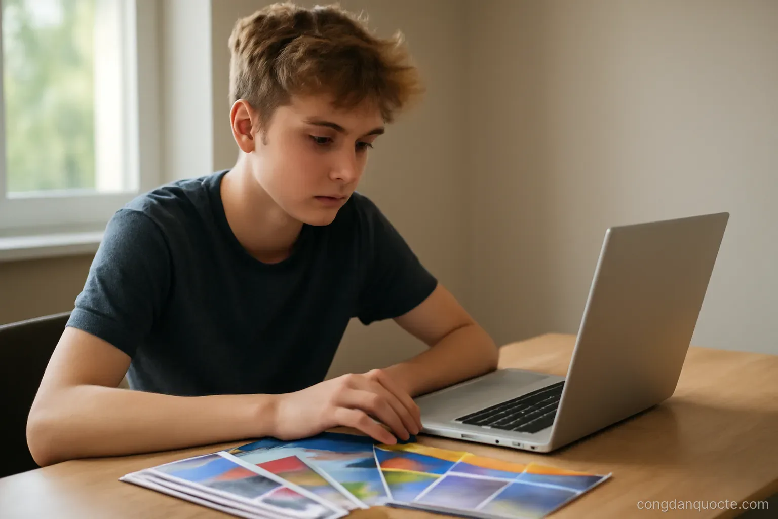 a teenager at a desk with an open laptop and several university brochures fanned out