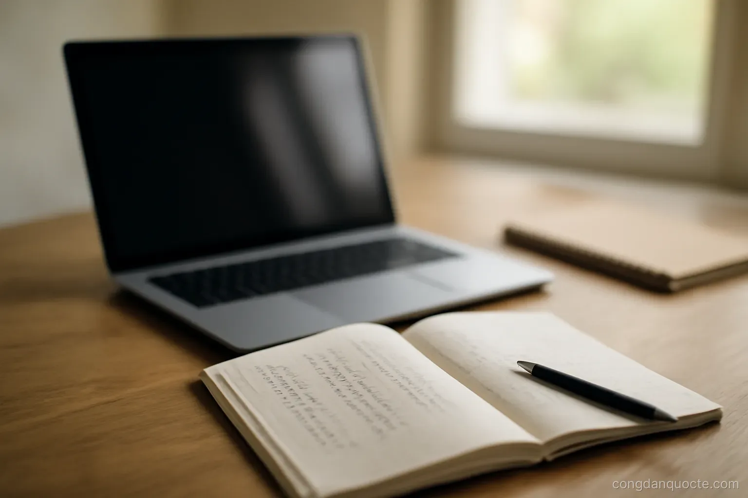a laptop screen glare on a desk with a notebook showing three columns of handwritten figures