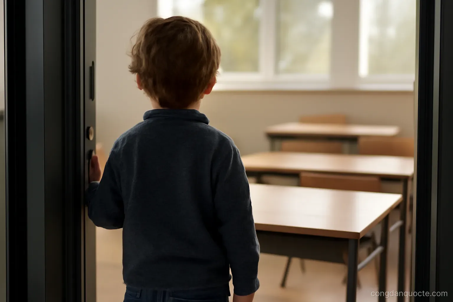 a child standing at a classroom door with a name tag on a desk visible inside