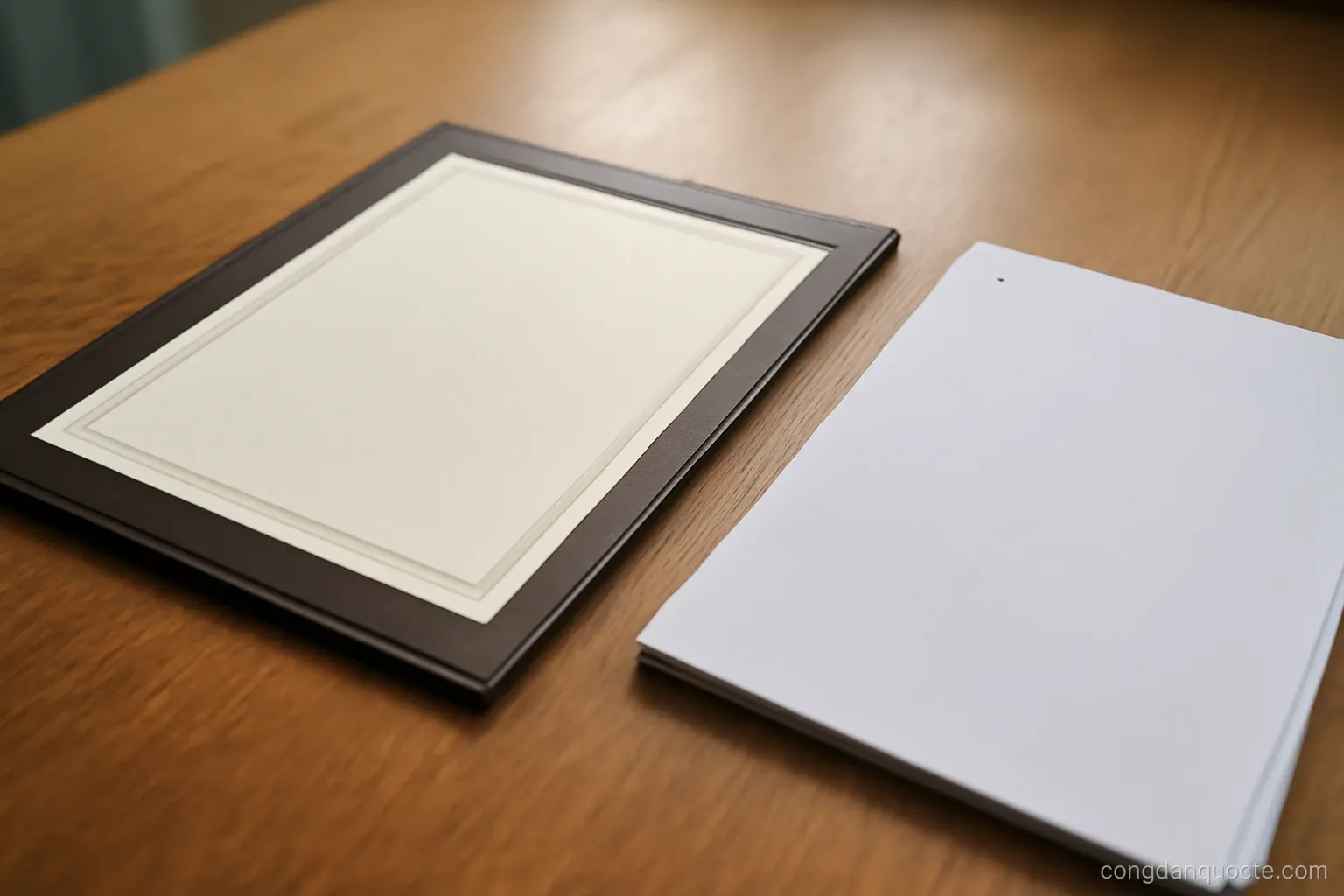 a diploma in a folder lying flat on a desk next to a stapled transcript