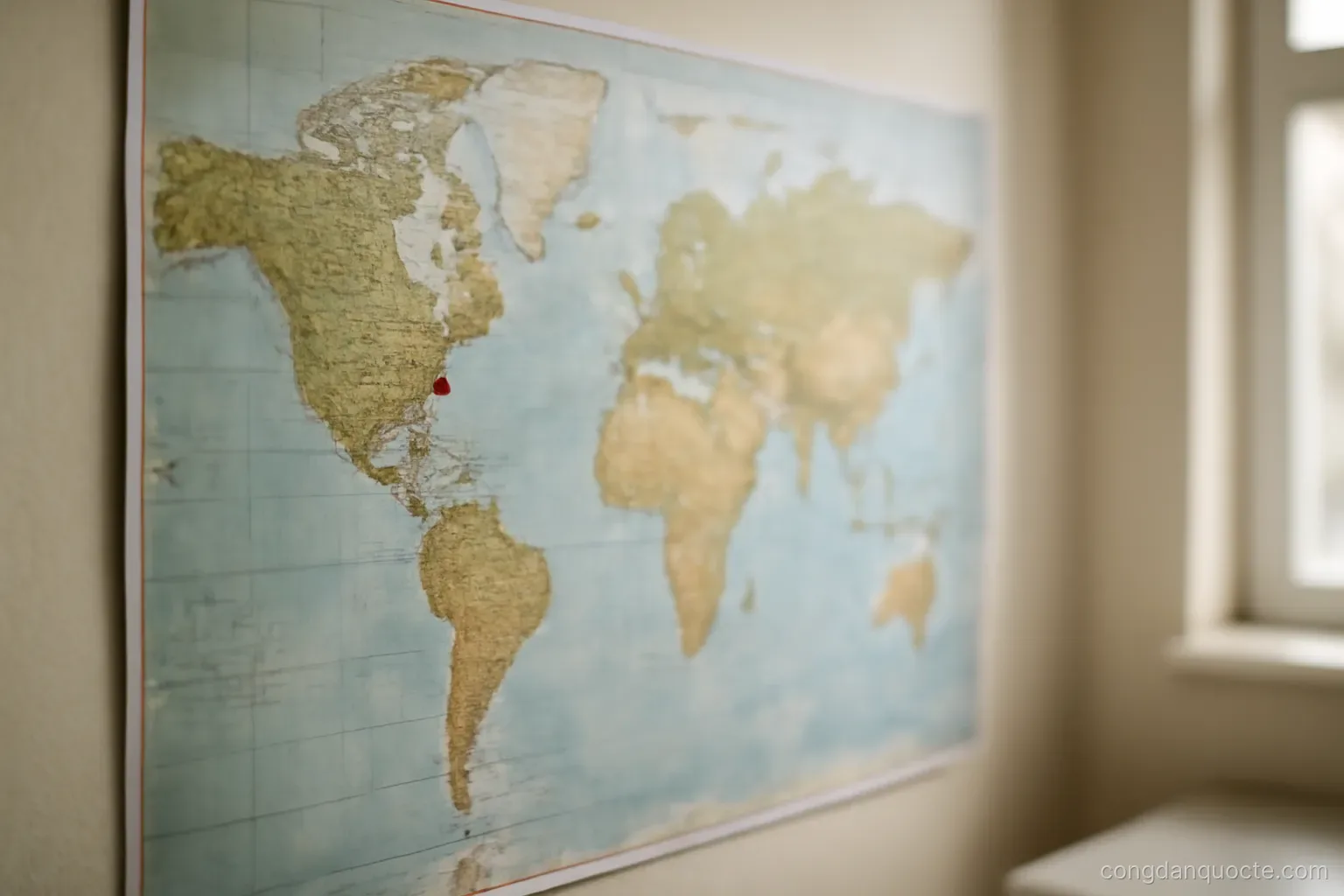 a world map on a wall with two small pins placed in different regions