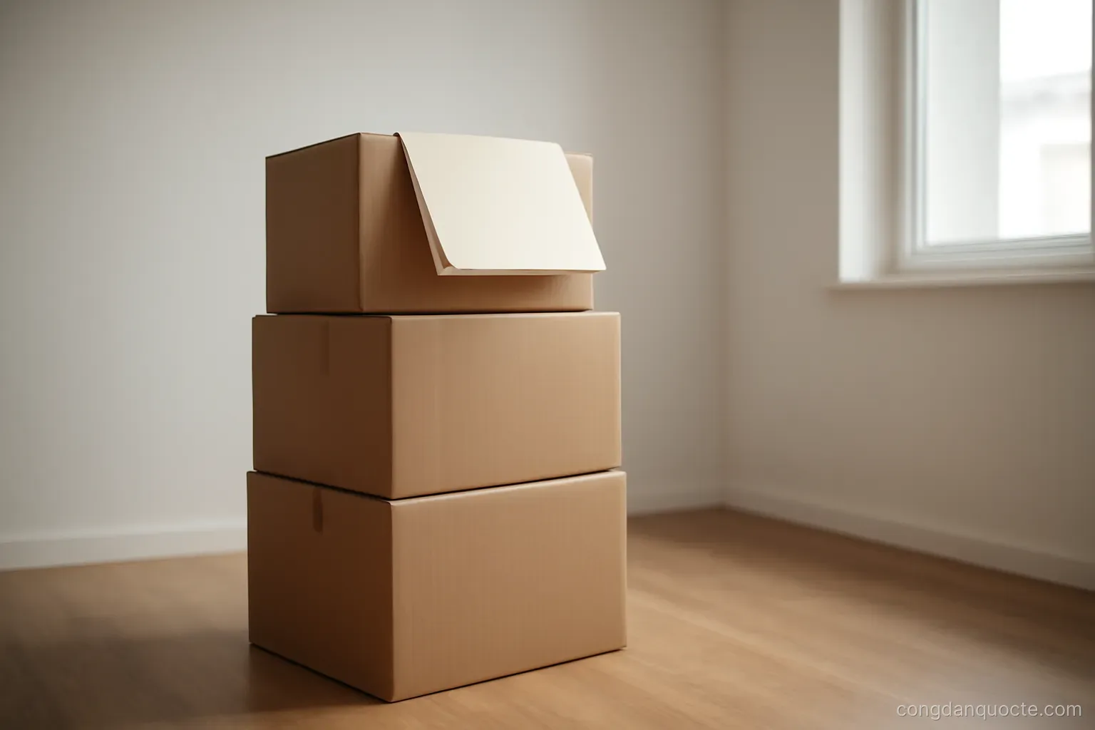 stacked moving boxes in an empty room with one folder resting on the top box
