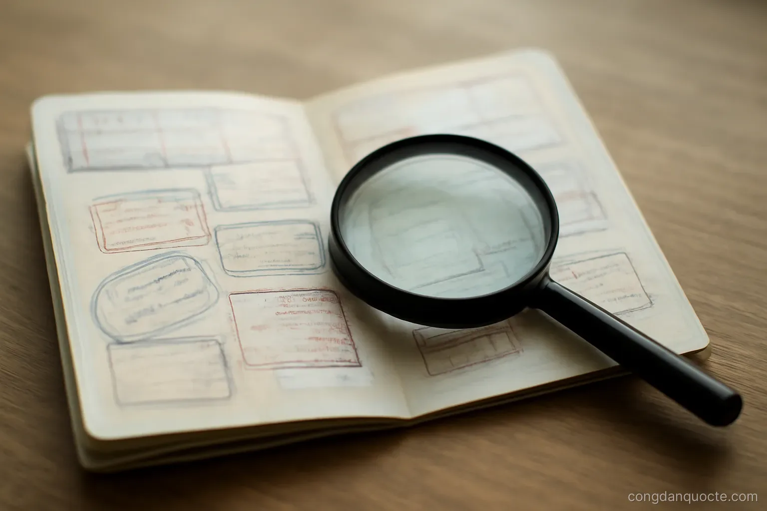 a passport open at a page of entry stamps with a magnifier resting on it