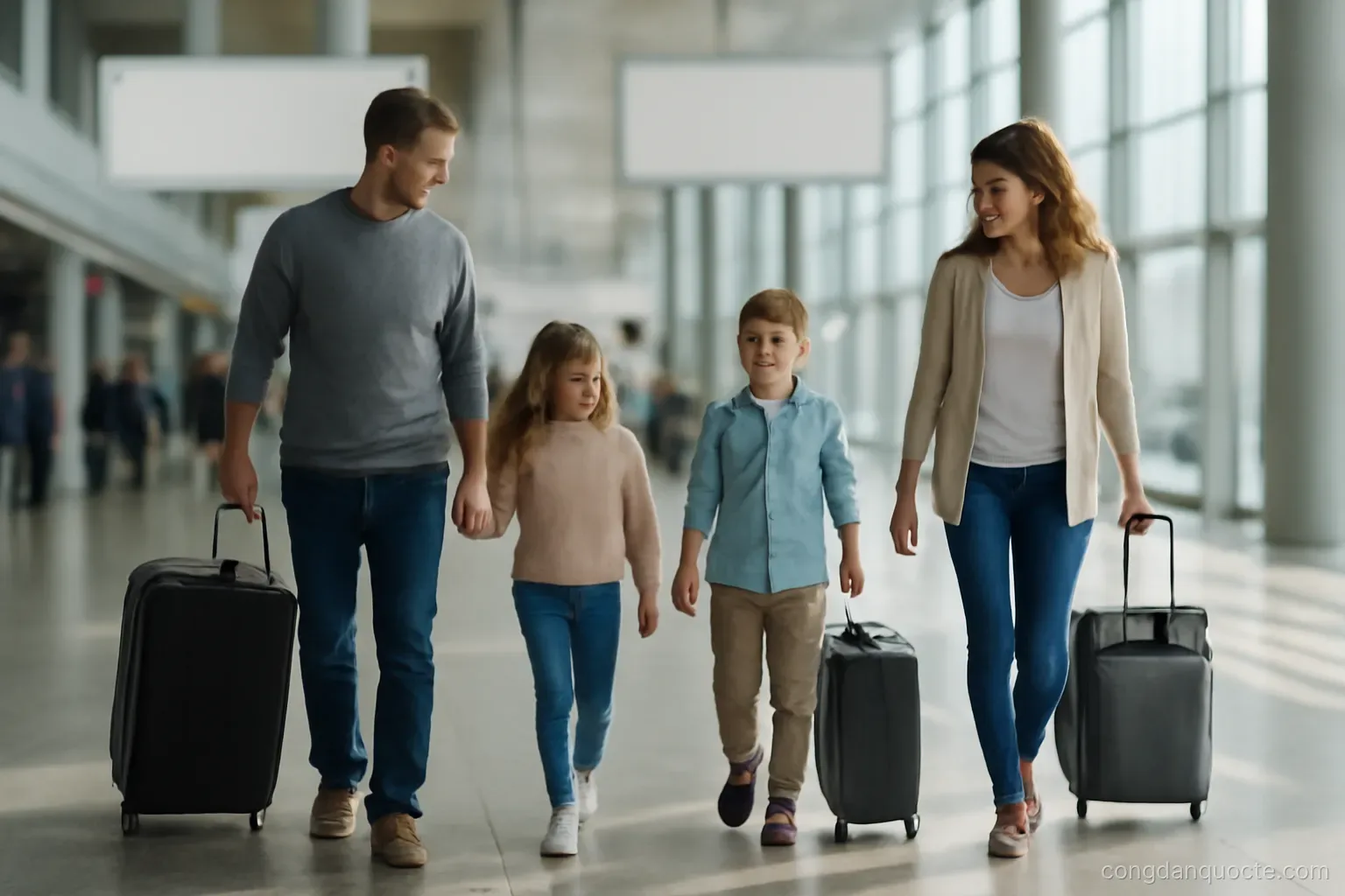a family walking through an airport concourse with luggage, a child holding an adult hand