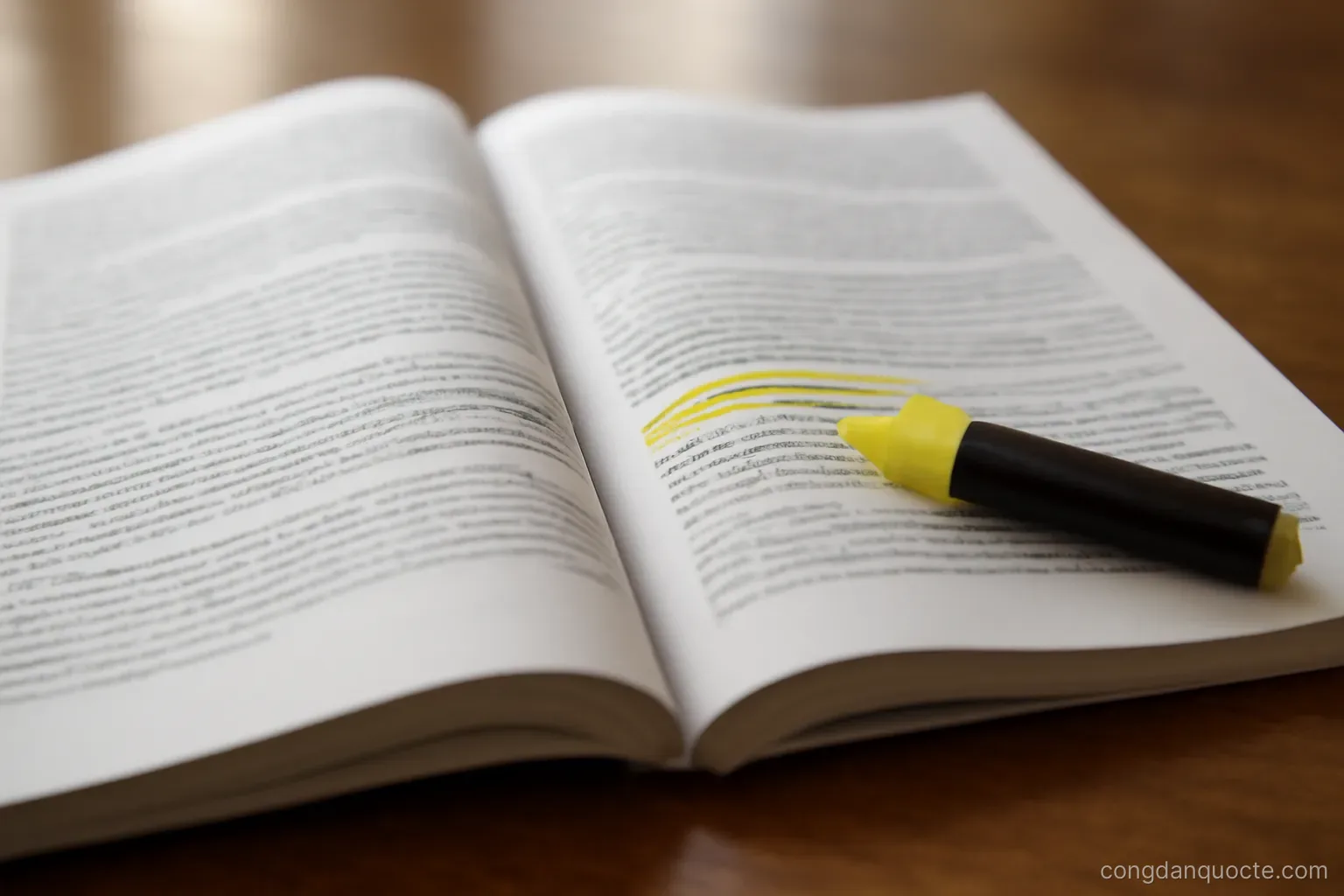 a thick policy booklet open on a table with a highlighter marking one clause