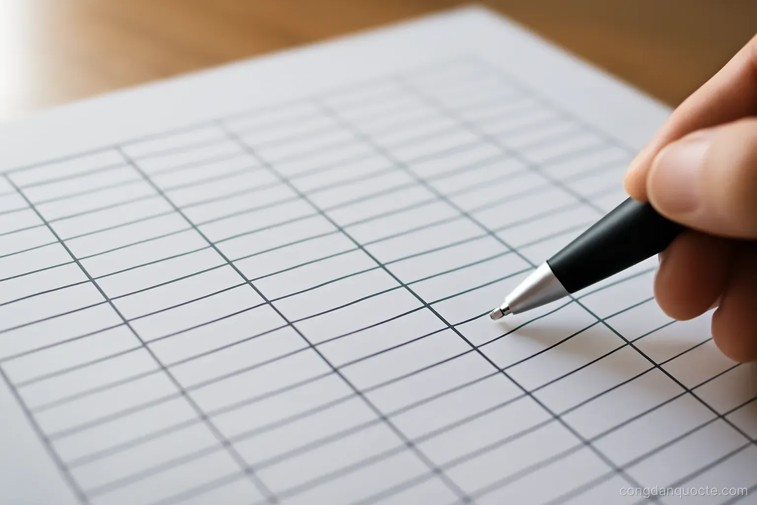 a spreadsheet printed out with six columns and a pen marking one row