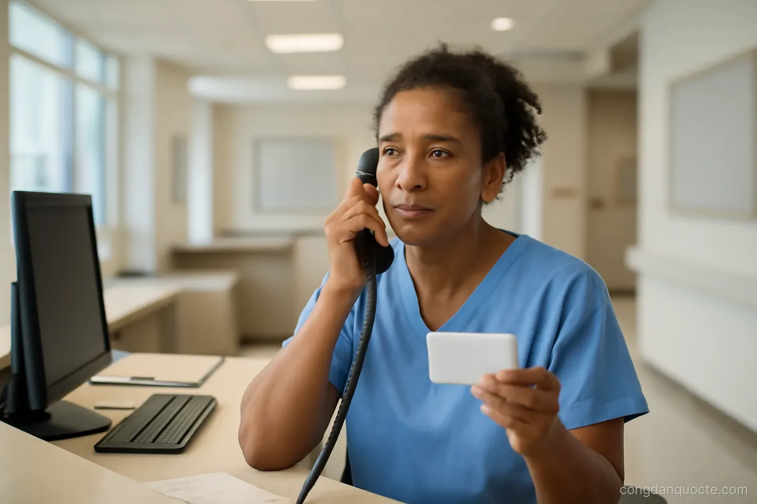 a hospital reception area with a phone held to an ear, a card in the other hand