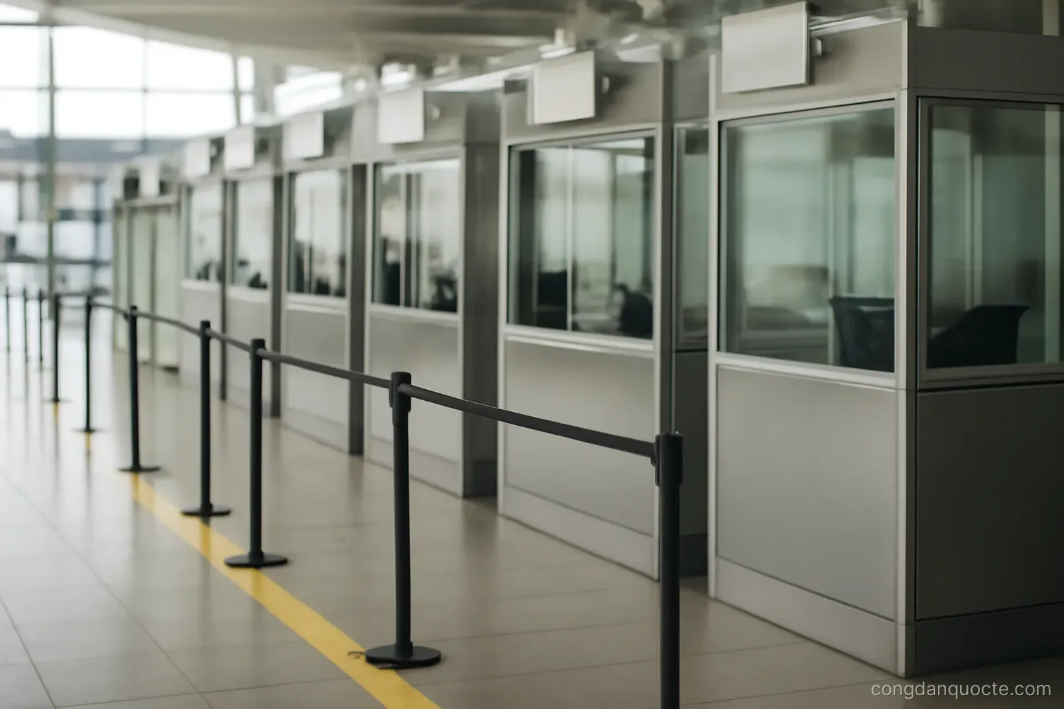 a row of immigration booths seen from a queue line with a yellow floor marking