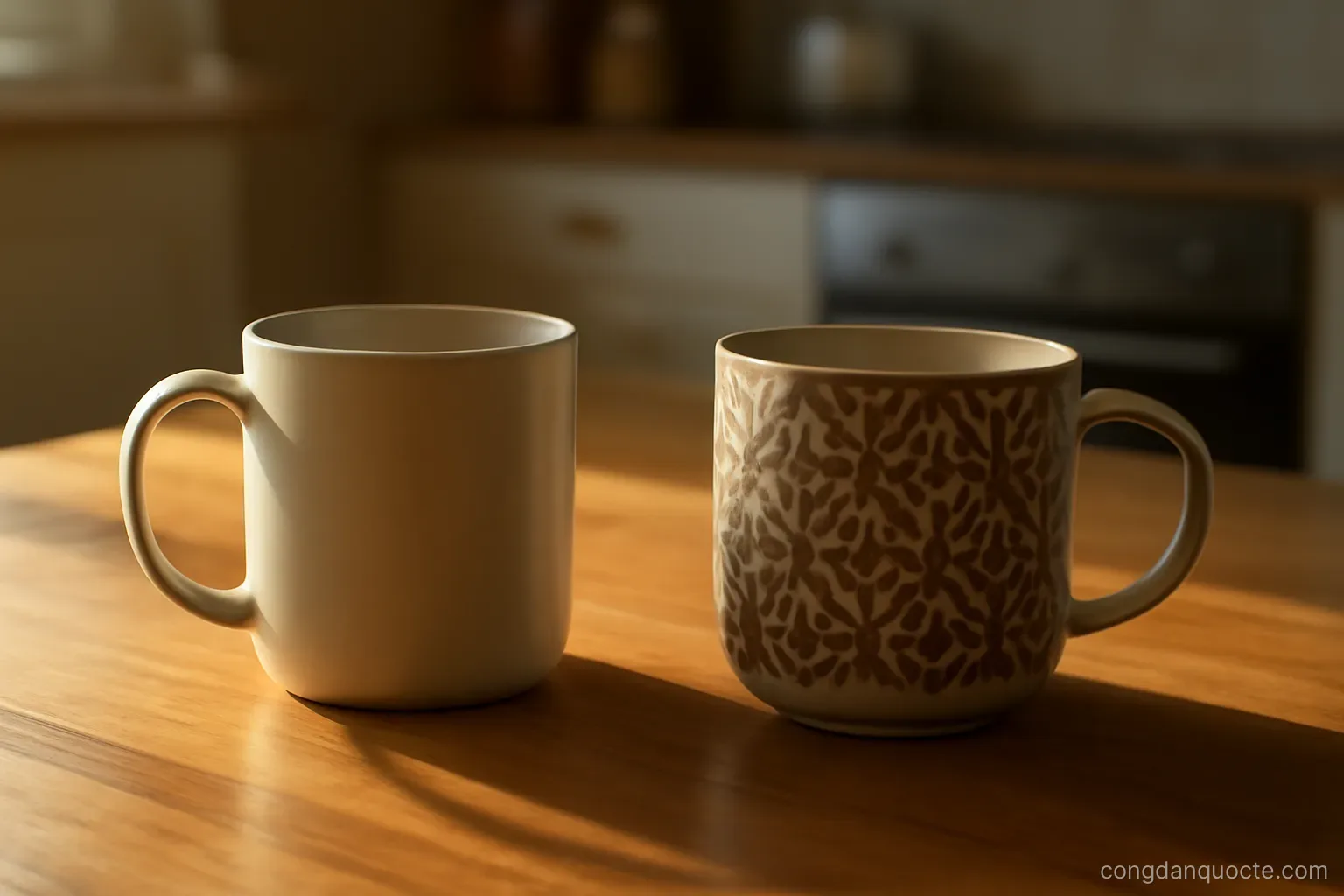 two mugs on a kitchen table, one plain and one patterned, morning light across the wood