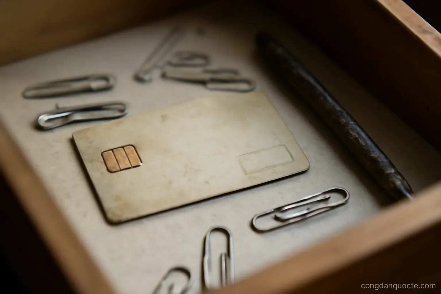 an old bank card lying in a drawer among paper clips and a dried out pen