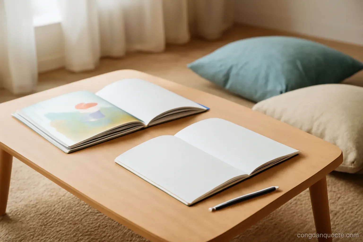 a childrens picture book and a notebook open on a low table beside two cushions
