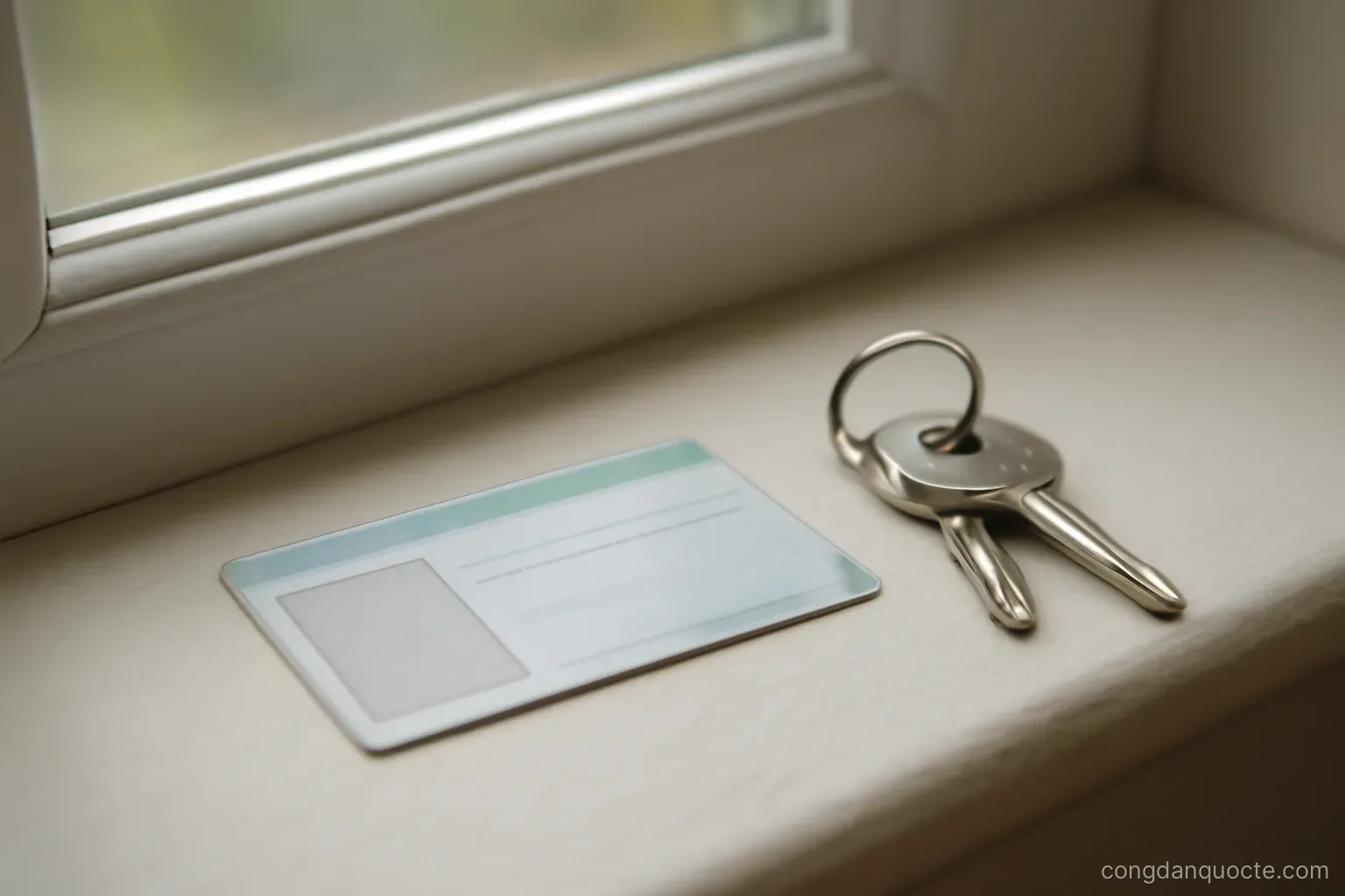 a residence card lying on a windowsill beside a set of house keys