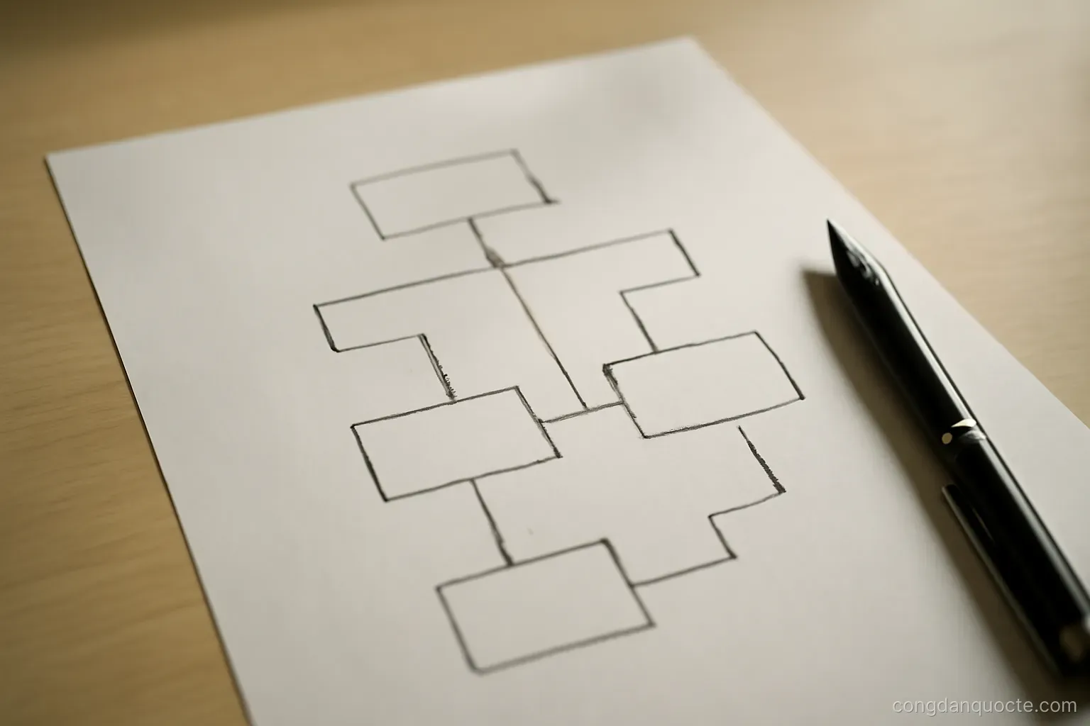 a simple diagram drawn on paper with boxes connected by arrows, a pen resting beside it
