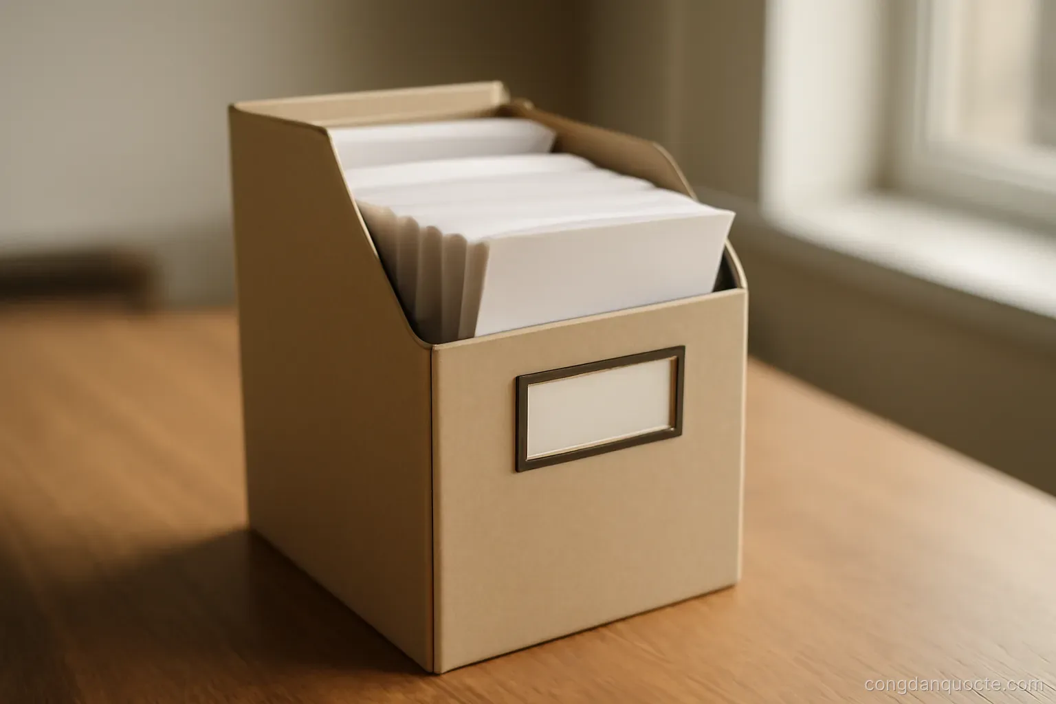 a box file labelled by school year standing open on a desk with report cards visible inside it