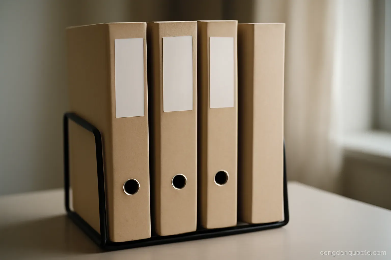 four labelled folders standing in a rack, one noticeably thinner than the others