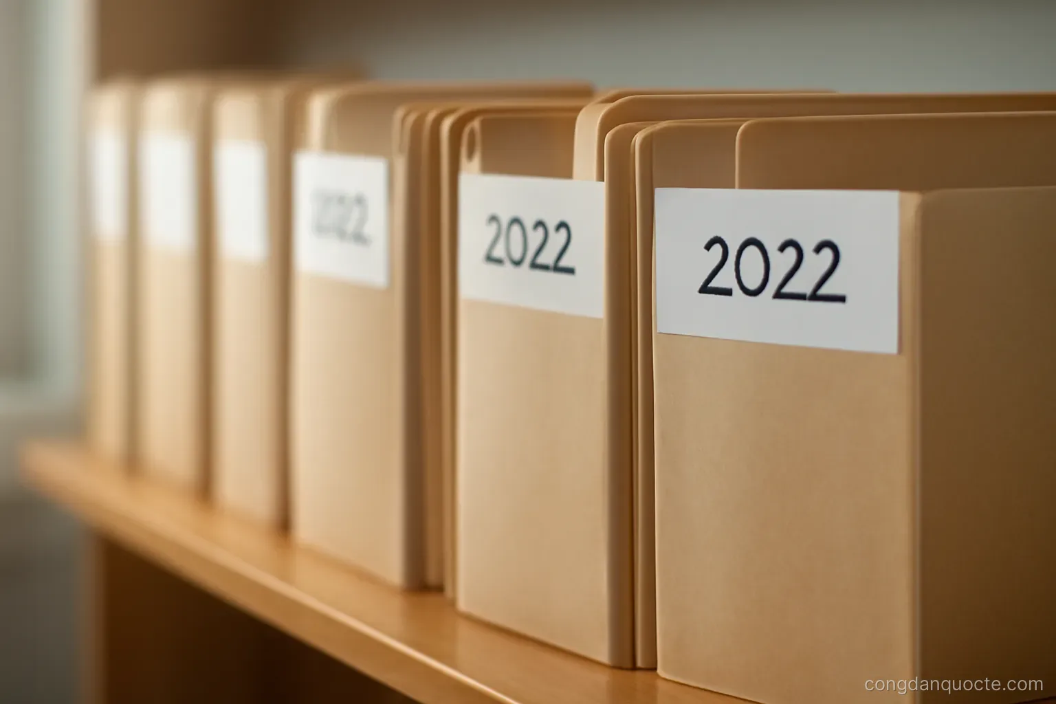a row of labelled folders on a shelf, each marked with a different year