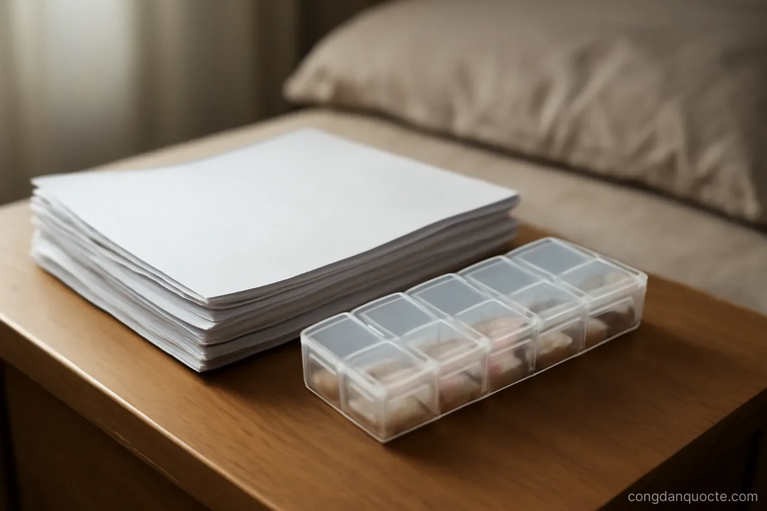a slim folder of medical papers beside a pill organiser on a bedside table