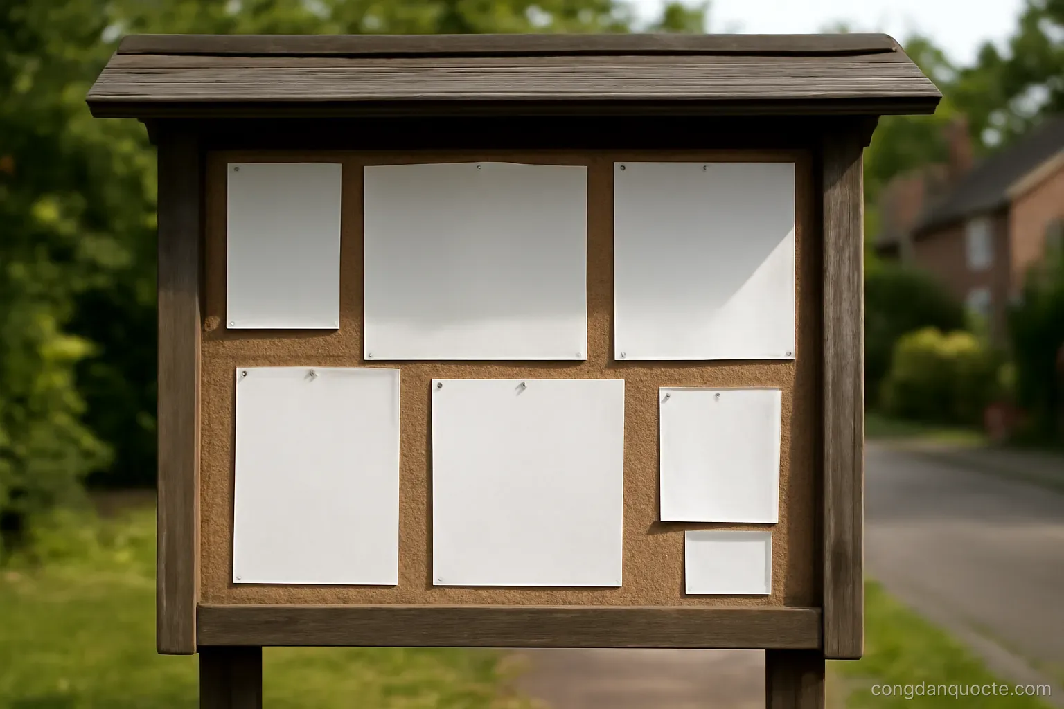 a neighbourhood noticeboard with several printed sheets pinned to it under a small roof