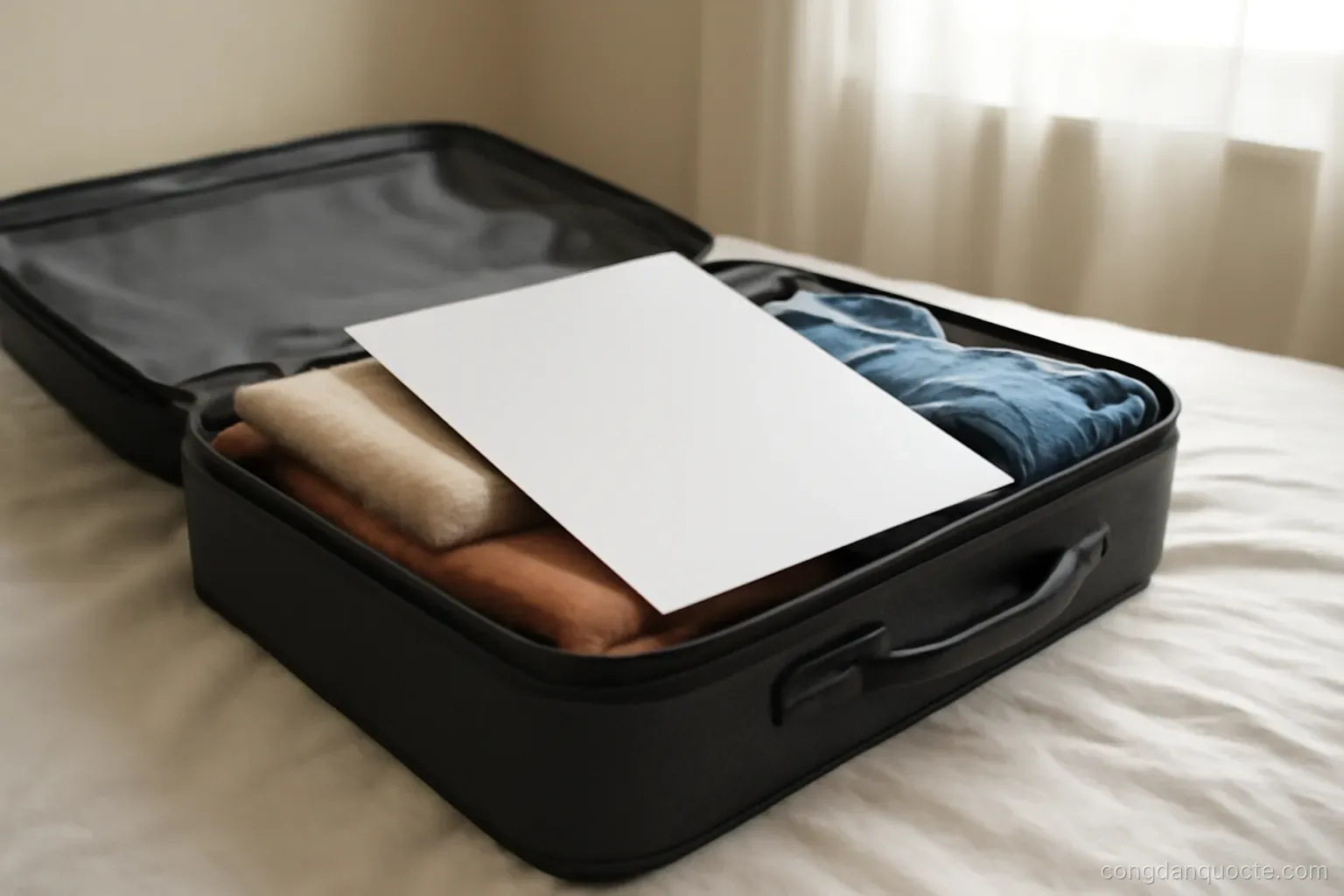 an open suitcase half packed on a bed with a folder of papers placed on top of the clothes