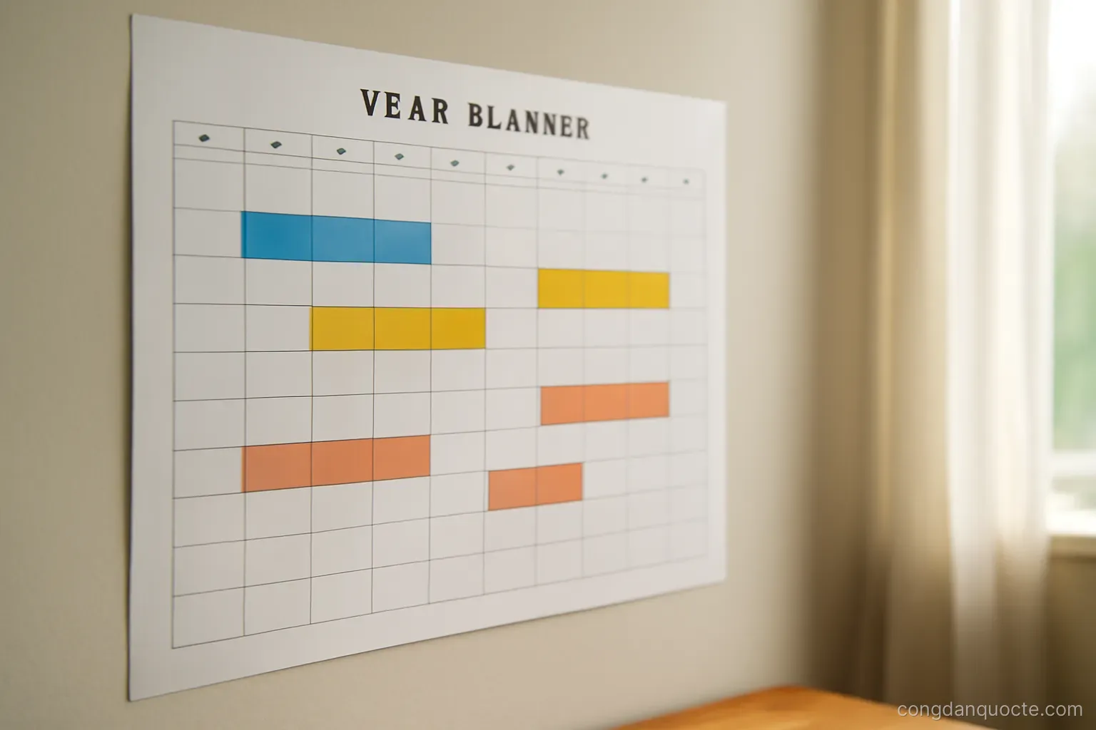 a year planner on a wall with several travel periods marked in coloured blocks