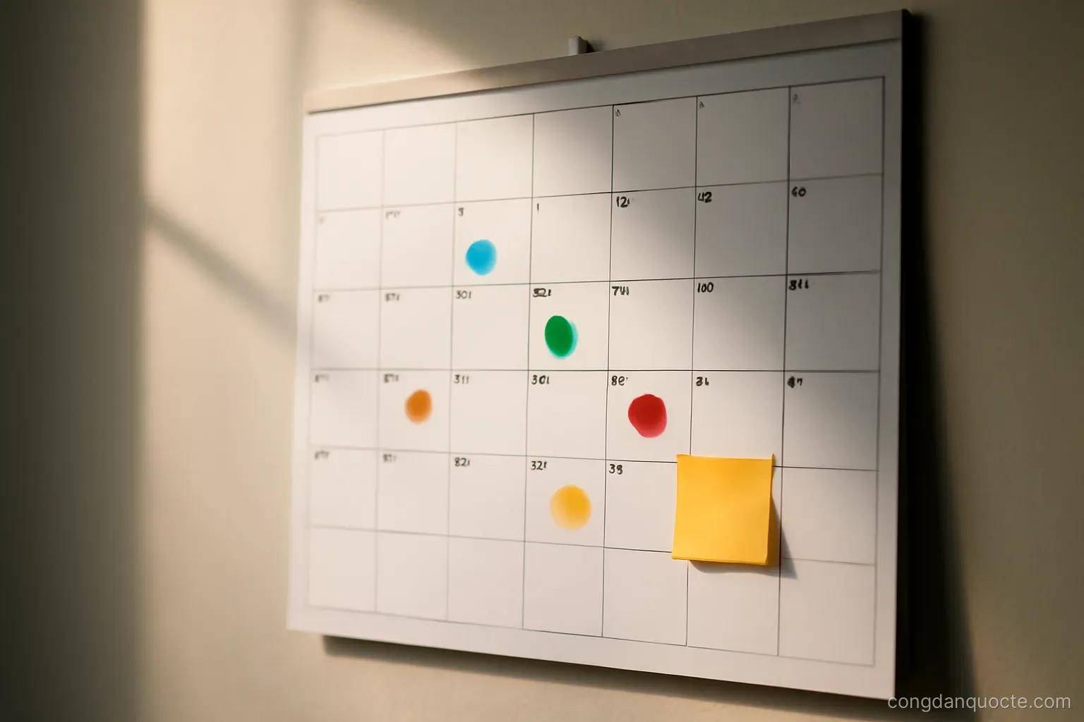 a wall calendar with coloured stickers on several dates across different months