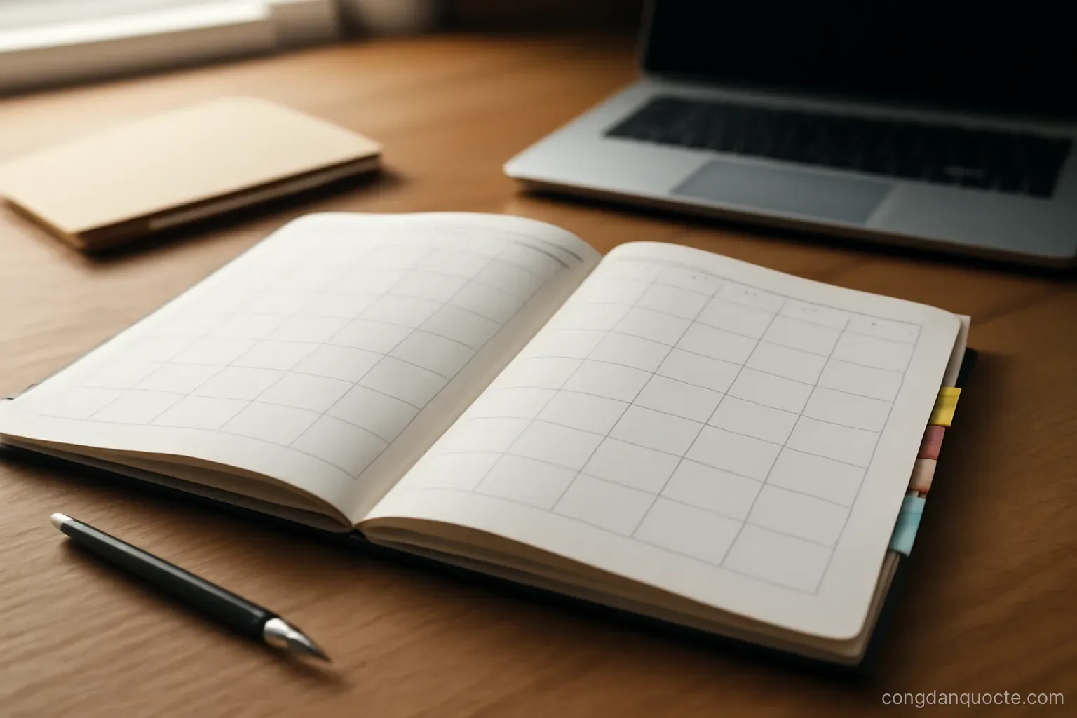 a year planner spread across a desk with four sections marked by coloured tabs