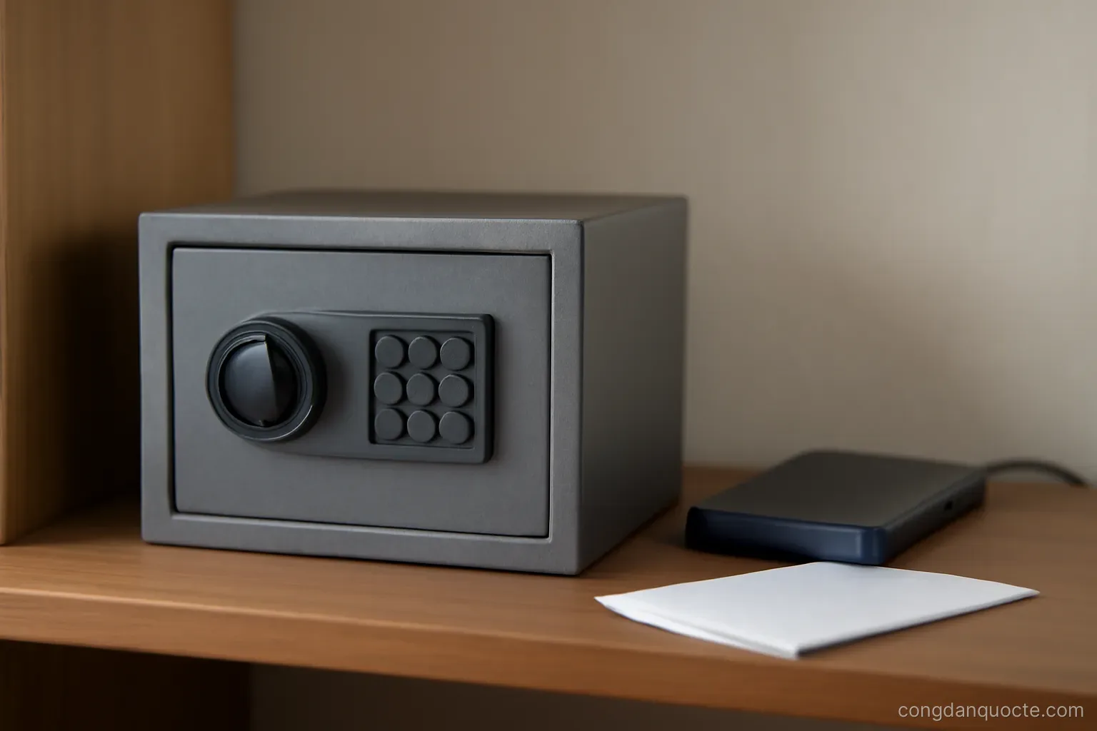 a small fireproof box on a shelf beside an external hard drive and a folded paper list
