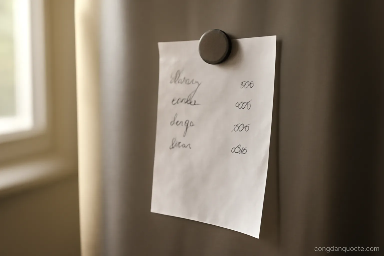 a short handwritten list of names and numbers stuck to a fridge door with a magnet