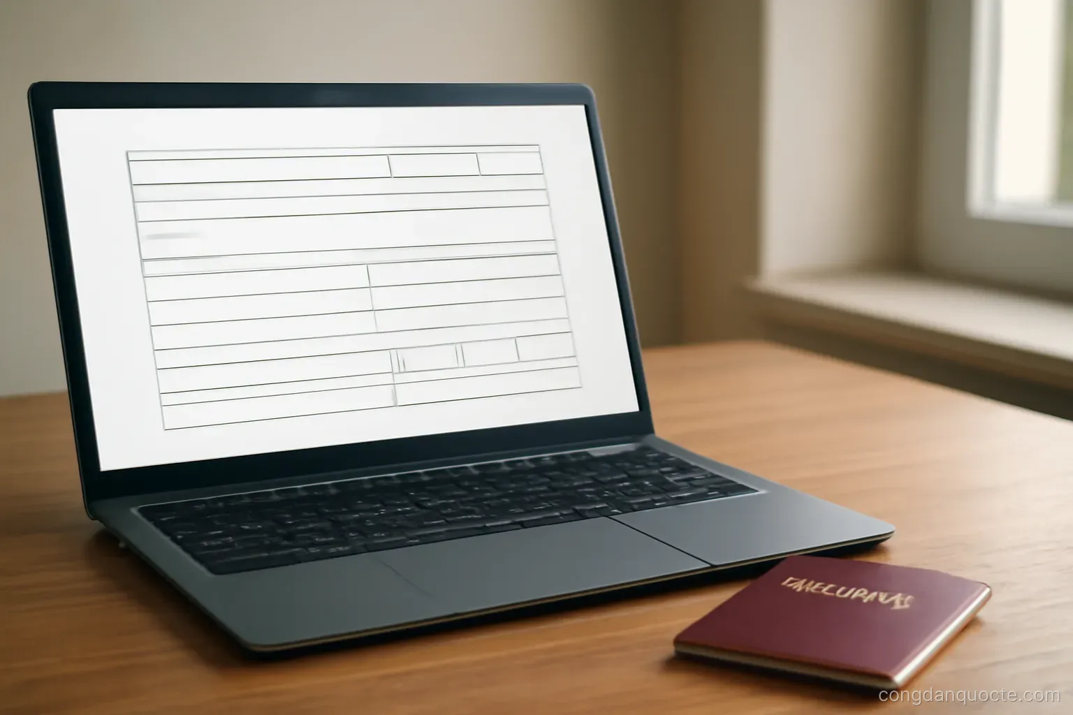 a laptop screen showing an official looking form beside a passport on a desk