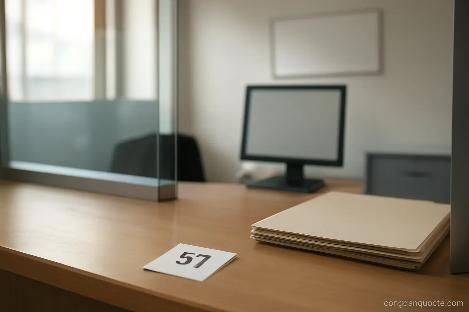 a bank counter with a numbered ticket lying on the surface and a folder beside it