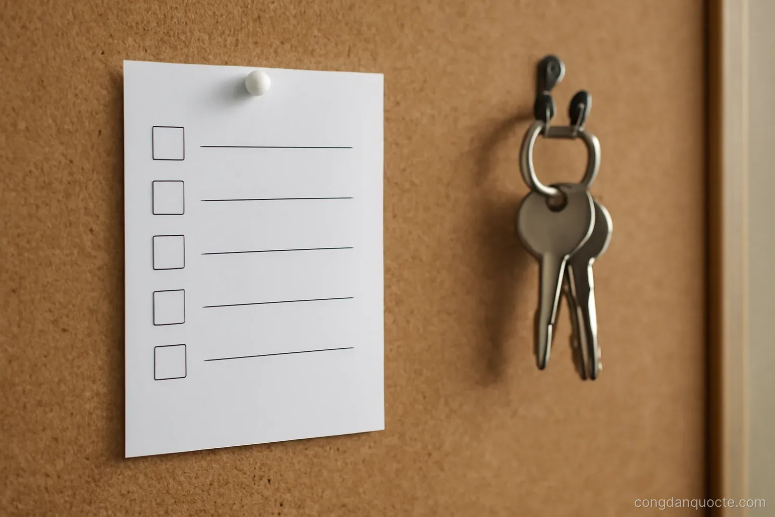 a printed checklist pinned to a corkboard next to a set of keys on a hook