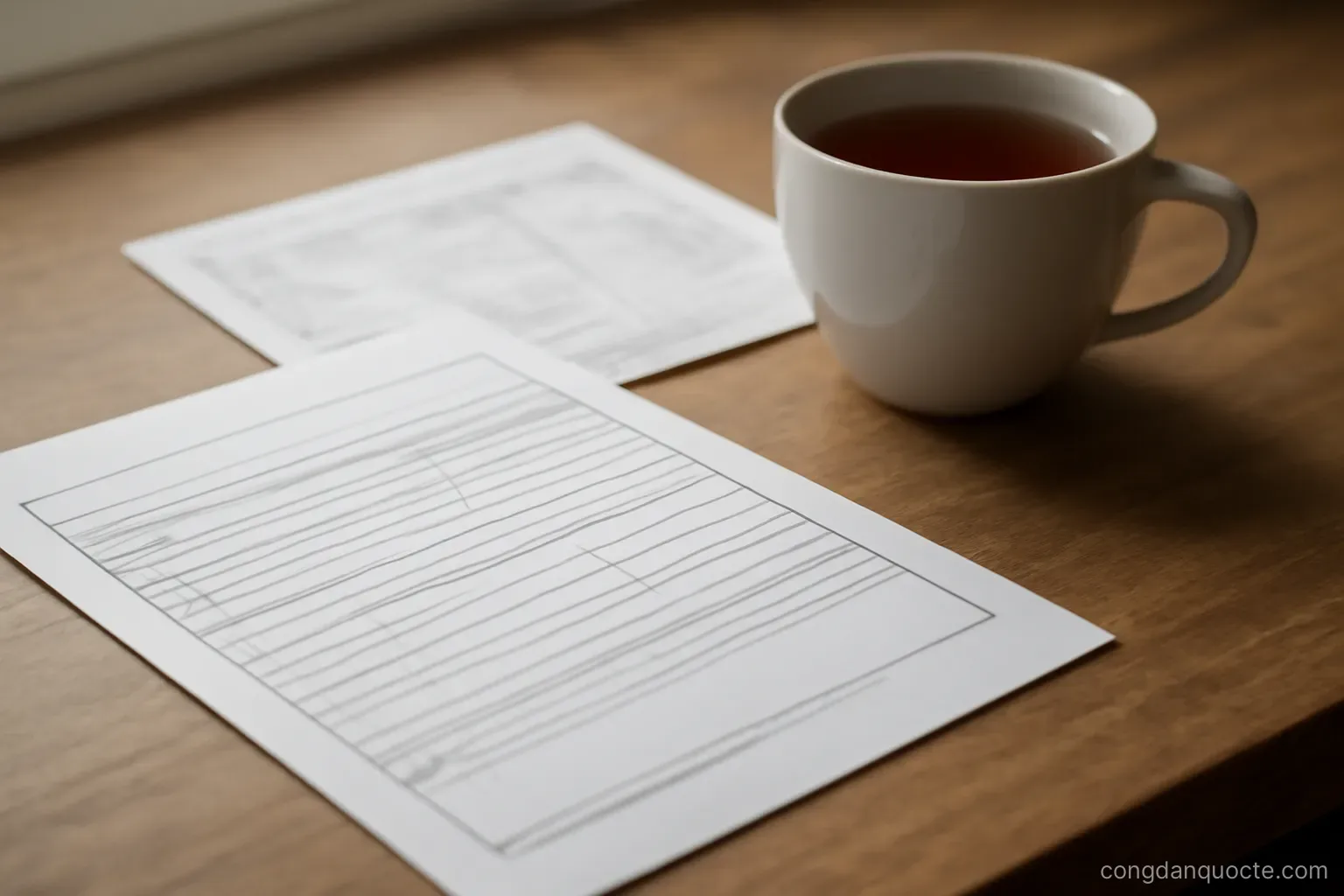 a form on a desk beside a printed bank statement and a cup of tea gone cold