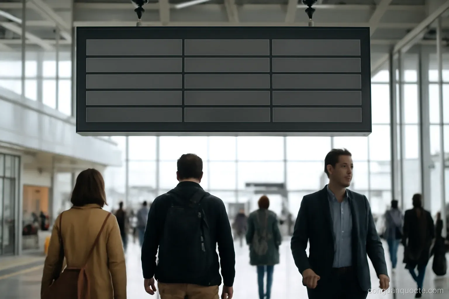 a departures board in an airport terminal with travellers walking past below it