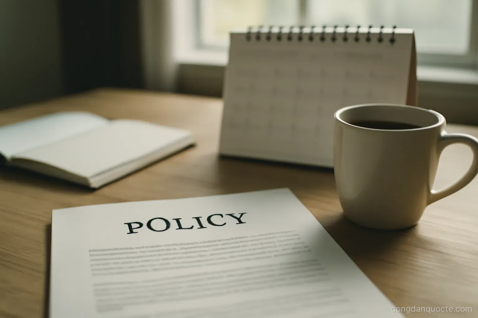 a desk with a printed policy, a calendar and a mug arranged for a morning of paperwork