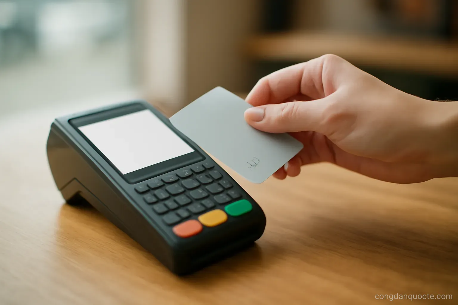 a card terminal on a shop counter with a hand holding a card just above it