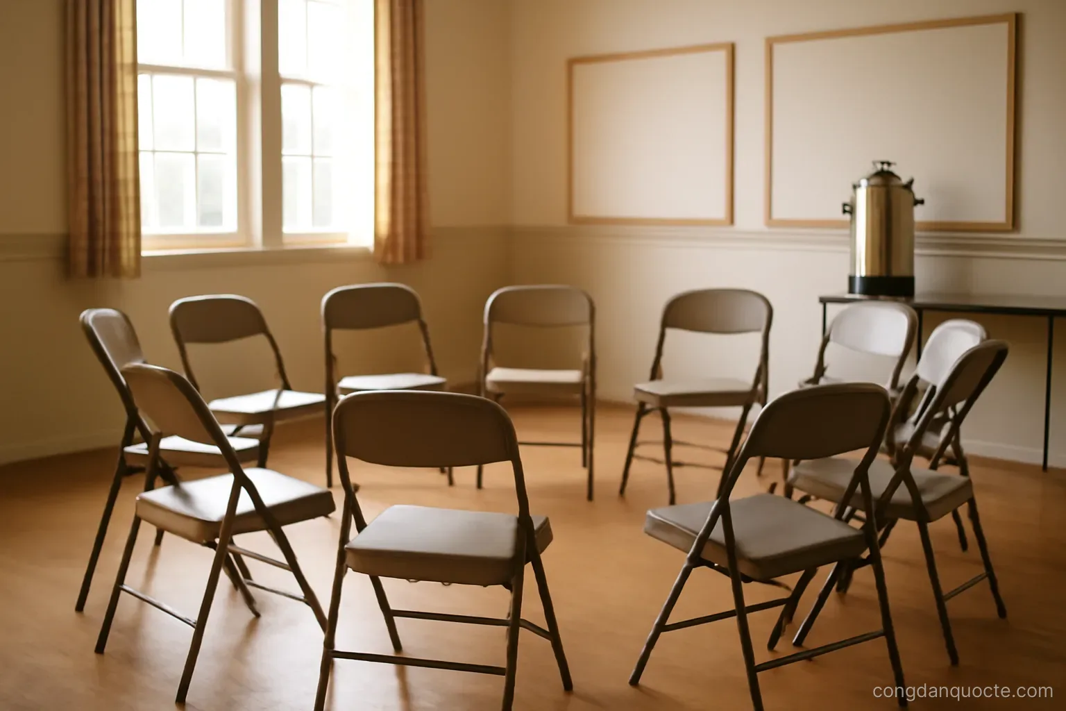 a community hall with folding chairs arranged in a circle and a tea urn on a side table