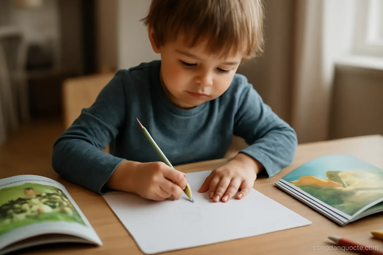a child drawing at a table with two different picture books open beside the paper